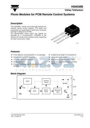 HS0038B datasheet - Photo Modules for PCM Remote Control Systems
