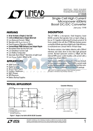 LT1308IS8 datasheet - Single Cell High Current Micropower 600kHz Boost DC/DC Converter