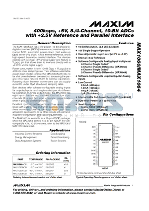 MAX1060ACEI datasheet - 400ksps, 5V, 8-/4-Channel, 10-Bit ADCs with 2.5V Reference and Parallel Interface