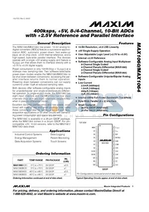 MAX1060BCEI datasheet - 400ksps, 5V, 8-/4-Channel, 10-Bit ADCs with 2.5V Reference and Parallel Interface