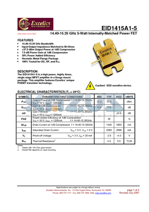 EID1415A1-5 datasheet - 14.40-15.35 GHz 5-Watt Internally-Matched Power FET