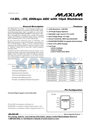 MAX1062CCUB datasheet - 14-Bit, %V, 200ksps ADC with 10lA Shutdown