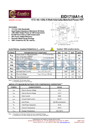 EID1718A1-4 datasheet - 17.3-18.1 GHz 4-Watt Internally-Matched Power FET