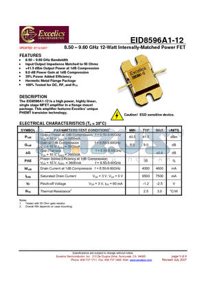EID8596A1-12 datasheet - 8.50 - 9.60 GHz 12-Watt Internally-Matched Power FET