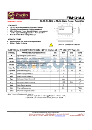 EIM1314-4 datasheet - 13.75-14.50GHz Multi-Stage Power Amplifier