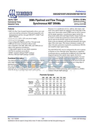 GS8320Z18T-250 datasheet - 36Mb Pipelined and Flow Through Synchronous NBT SRAMs