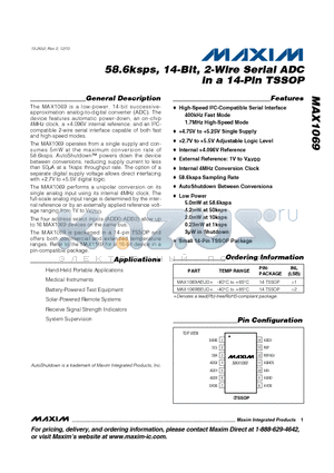 MAX1069AEUD datasheet - 58.6ksps, 14-Bit, 2-Wire Serial ADC in a 14-Pin TSSOP