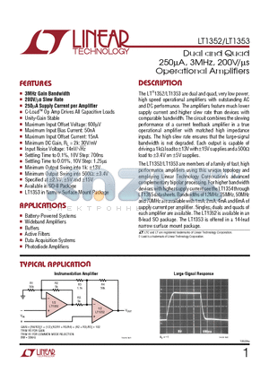 LT1352IS8 datasheet - Dual and Quad 250mA, 3MHz, 200V/ms Operational Amplifiers