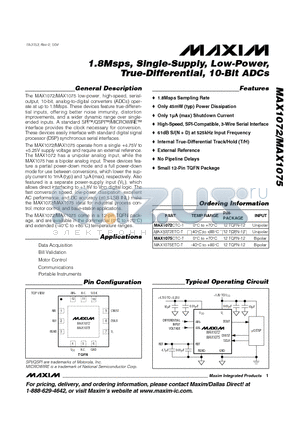 MAX1072 datasheet - 1.8Msps, Single-Supply, Low-Power, True-Differential, 10-Bit ADCs