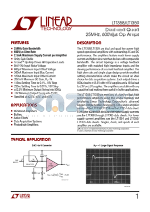 LT1359 datasheet - Dual and Quad 25MHz, 600V/us Op Amps