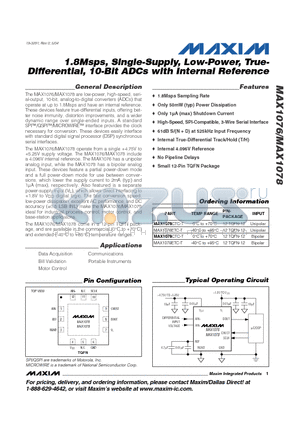 MAX1076ETC-T datasheet - 1.8Msps, Single-Supply, Low-Power, True-Differential, 10-Bit ADCs with Internal Reference