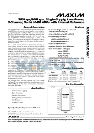 MAX1080AEUP datasheet - 300ksps/400ksps, Single-Supply, Low-Power, 8-Channel, Serial 10-Bit ADCs with Internal Reference