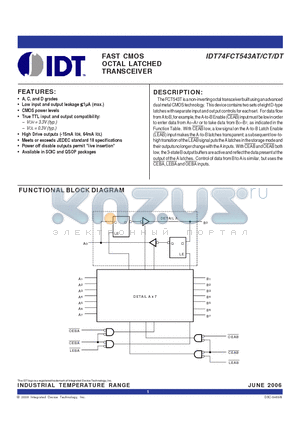IDT74FCT543DT datasheet - FAST CMOS OCTAL LATCHED TRANSCEIVER