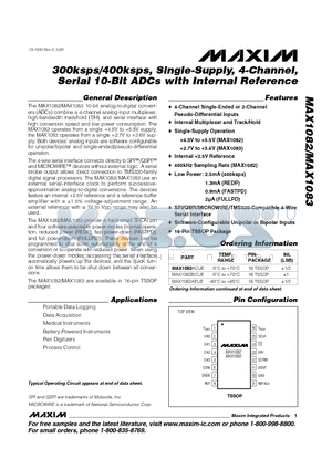 MAX1082 datasheet - 300ksps/400ksps, Single-Supply, 4-Channel, Serial 10-Bit ADCs with Internal Reference