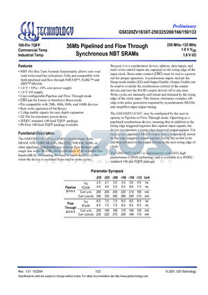 GS8320ZV18T-150 datasheet - 36Mb Pipelined and Flow Through Synchronous NBT SRAMs