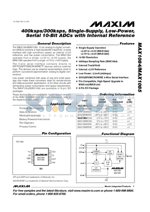 MAX1084 datasheet - 400ksps/300ksps, Single-Supply, Low-Power, Serial 10-Bit ADCs with Internal Reference
