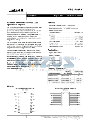 HS1-5104ARH-Q datasheet - Radiation Hardened Low Noise Quad Operational Amplifier