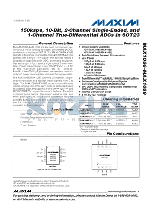 MAX1087EKA-T datasheet - 150ksps, 10-Bit, 2-Channel Single-Ended, and 1-Channel True-Differential ADCs in SOT23