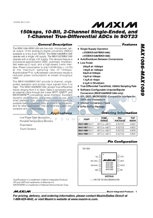MAX1088EKA-T datasheet - 150ksps, 10-Bit, 2-Channel Single-Ended, and 1-Channel True-Differential ADCs in SOT23