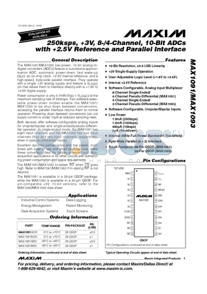 MAX1091 datasheet - 250ksps, 3V, 8-/4-Channel, 10-Bit ADCs with 2.5V Reference and Parallel Interface