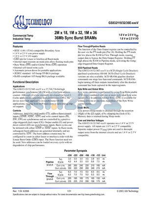 GS832118E-200V datasheet - 2M x 18, 1M x 32, 1M x 36 36Mb Sync Burst SRAMs