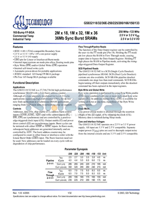 GS832118GE-133I datasheet - 2M x 18, 1M x 32, 1M x 36 36Mb Sync Burst SRAMs