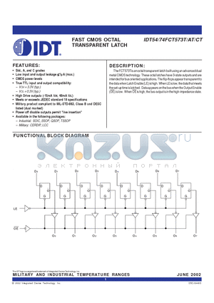 IDT74FCT573CTSO datasheet - FAST CMOS OCTAL TRANSPARENT LATCH