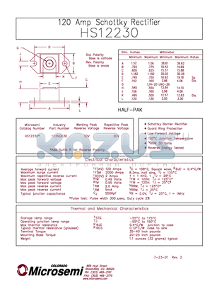 HS12230 datasheet - 120 AMP SCHOTTKY RECTIFIER