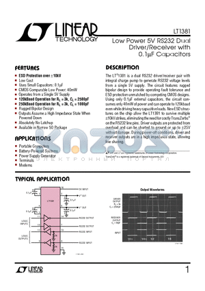 LT1381 datasheet - Low Power 5V RS232 Dual Driver/Receiver with 0.1uF Capacitors