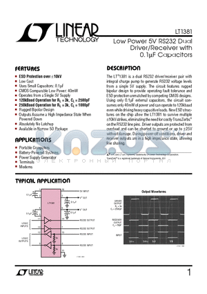 LT1381C datasheet - Low Power 5V RS232 Dual Driver/Receiver with 0.1uF Capacitors