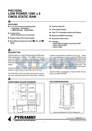 P4C1024L70TC datasheet - LOW POWER 128K x 8 CMOS STATIC RAM