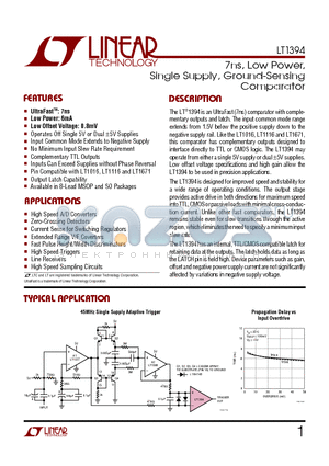 LT1394CS8 datasheet - 7ns, Low Power, Single Supply, Ground-Sensing Comparator
