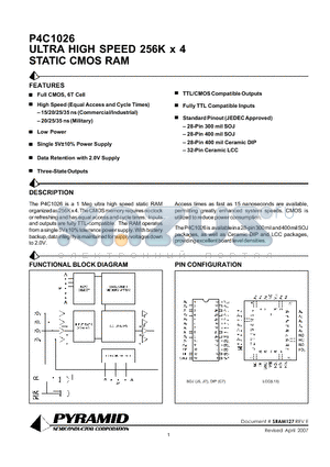 P4C1026-20J3I datasheet - ULTRA HIGH SPEED 256K x 4 STATIC CMOS RAM