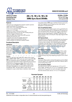 GS8321E18E-150IV datasheet - 2M x 18, 1M x 32, 1M x 36 36Mb Sync Burst SRAMs