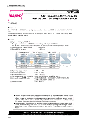 LC865412 datasheet - 8-Bit Single Chip Microcontroller with the One-Time Programmable PROM