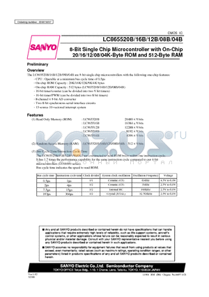 LC865504B datasheet - 8-Bit Single Chip Microcontroller with On-Chip 20/16/12/08/04K-Byte ROM and 512-Byte RAM
