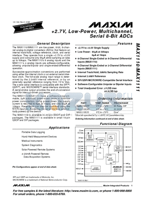 MAX1110 datasheet - 2.7V, Low-Power, Multichannel, Serial 8-Bit ADCs