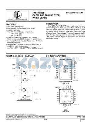 IDT74FCT621TD datasheet - FAST CMOS OCTAL BUS TRANSCEIVER (OPEN DRAIN)