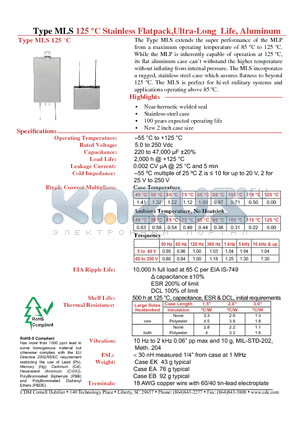 MLS102M150EB0C datasheet - 125 C Stainless Flatpack,Ultra-Long Life, Aluminum