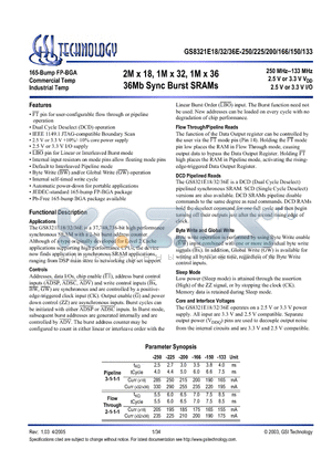 GS8321E18GE-225 datasheet - 2M x 18, 1M x 32, 1M x 36 36Mb Sync Burst SRAMs