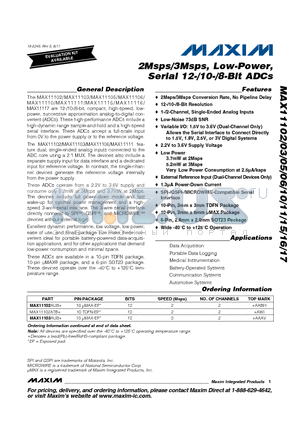 MAX11102ATB+ datasheet - 2Msps/3Msps, Low-Power, Serial 12-/10-/8-Bit ADCs