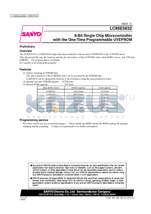 LC865620 datasheet - 8-Bit Single Chip Microcontroller with the One-Time Programmable UVEPROM