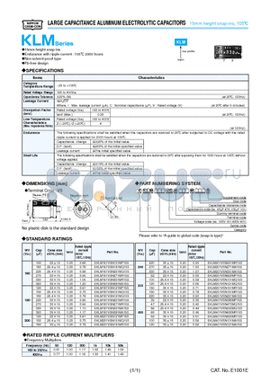 EKLM201VSN271MA15S datasheet - LARGE CAPACITANCE ALUMINUM ELECTROLYTIC CAPACITORS