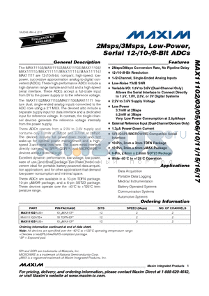 MAX11105 datasheet - 2Msps/3Msps, Low-Power, Serial 12-/10-/8-Bit ADCs 2.2V to 3.6V Supply Voltage