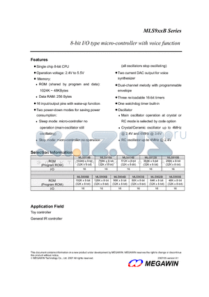 MLS904B datasheet - 8-bit I/O type micro-controller with voice function