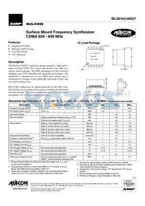 MLS9102-00837 datasheet - Surface Mount Frequency Synthesizer CDMA 824 - 849 MHz