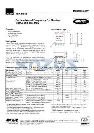 MLS9109-00881 datasheet - Surface Mount Frequency Synthesizer CDMA 869 -894 MHz