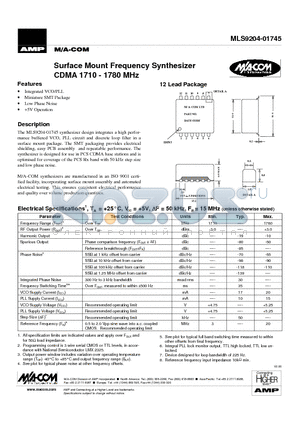 MLS9204-01745 datasheet - Surface Mount Frequency Synthesizer CDMA 1710 - 1780 MHz