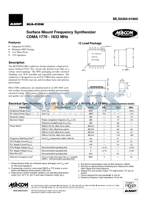 MLS9208-01800 datasheet - Surface Mount Frequency Synthesizer CDMA 1770 - 1832 MHz