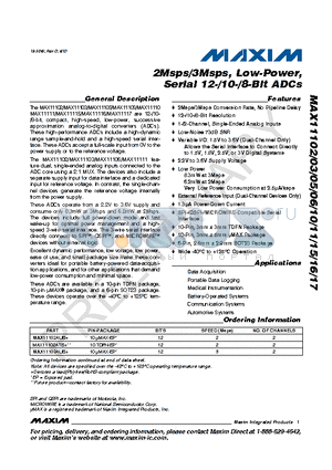 MAX11117AUT+ datasheet - 2Msps/3Msps, Low-Power, Serial 12-/10-/8-Bit ADCs